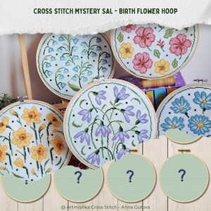 Födelseblomma Hoop Korsstygn Mystery Stitch-a-long (SAL) - Set med 12 PDF-mönster - Läs beskrivningen noggrant - Artmishka