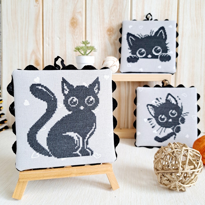 Set of 3 Halloween Black Cat Cross Stitch Ornaments Pattern PDF