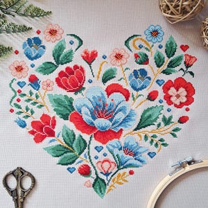 Heart Bloom 2 Cross Stitch Pattern - Floral Sampler - Red White Blue Flowers Folk Traditional Elements - PDF Download - Artmishka