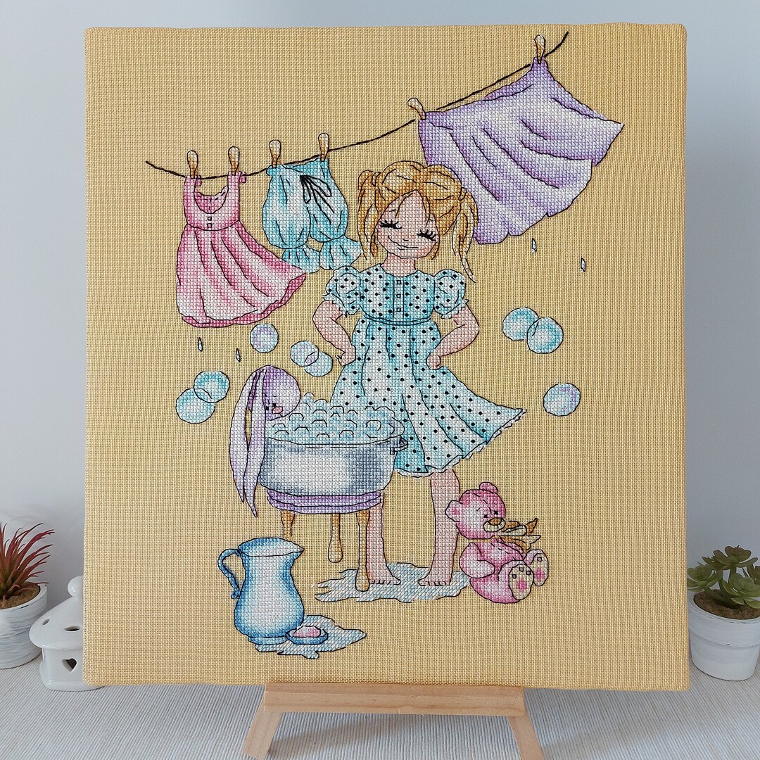 Laundry Day Modern Cross Stitch Pattern. A Cute Girl is Doing Laundry ...