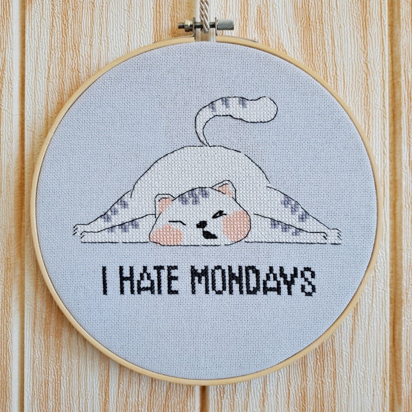 I hate Mondays Cross Stitch Pattern - Sleepy White Cat - Cat Cross Stitch Chart - Snarky Funny Cross Stitch - PDF Download - Artmishka