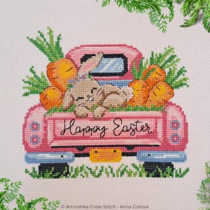 Paashaas kruissteekpatroon - Happy Easter Card - konijntje in vrachtwagen met wortel - kinderdecor - pdf direct downloaden - Artmishka