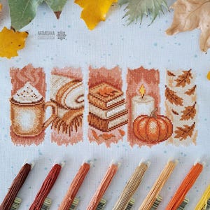 Autumn Vibe Cross Stitch Pattern - Sampler Panels Bookmarks Chart - Fall, Hot Cocoa Cup, Blanket, Books, Pumpkin, Candle, Leaves - Artmishka