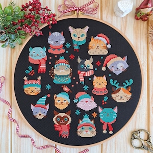 Meow-ry Christmas Cross Stitch Pattern - Cats Sampler - Winter Animals Wearing Hat - PDF Instant Download - Artmishka
