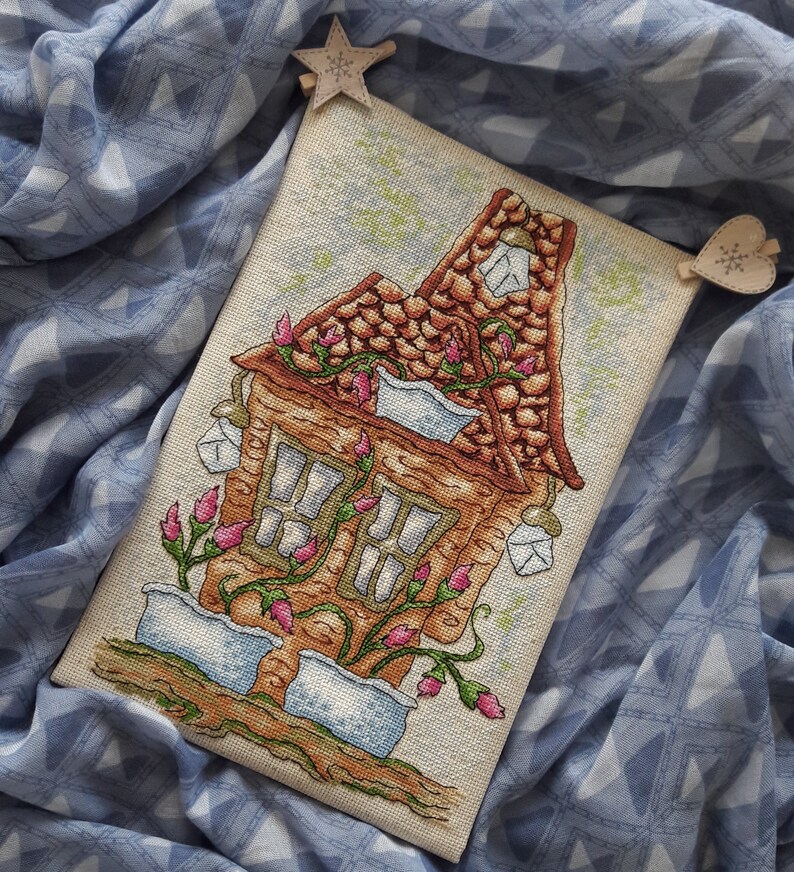 Easy home style. A Spring House Modern Cross Stitch Pattern with a magical wooden house surrounded by flowers PDF file instant download