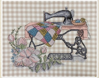 PATCHWORK BLANKET (front view) cross stitch pattern with a vintage Singer sewing machine, quilt and the flowers. PDF chart instant download.