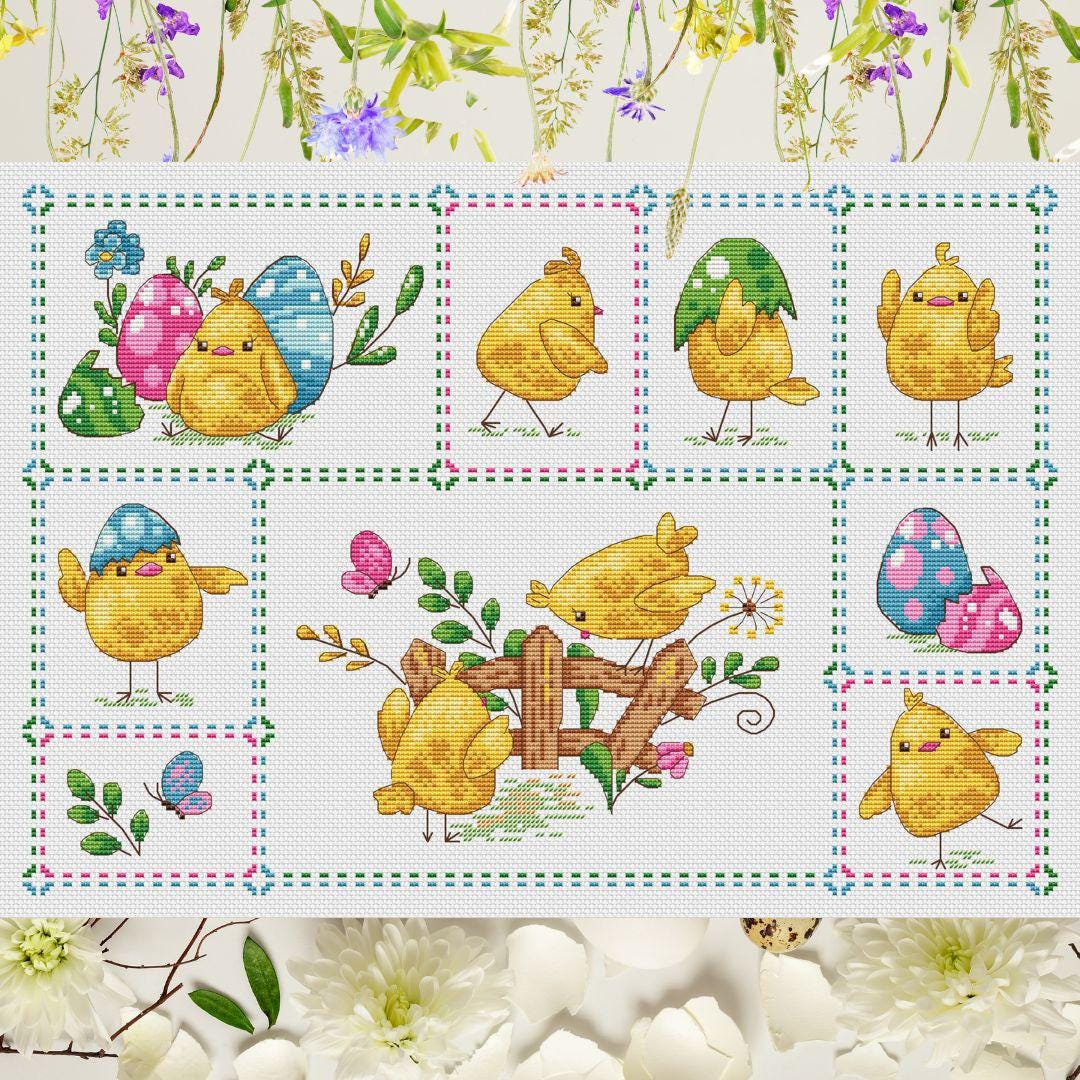 Easter Chicks Sampler Cross Stitch Pattern - Cute Little Chickens With ...