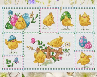 Easter Chicks Sampler Cross Stitch Pattern - Cute Little Chickens with Easter Eggs - PDF chart - Patterns Keeper compatible - Artmishka