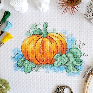 Pumpkin Cross Stitch Pattern - Halloween Fall Autumn Season Watercolor Style Chart - PDF Instant Download - Artmishka Cross Stitch