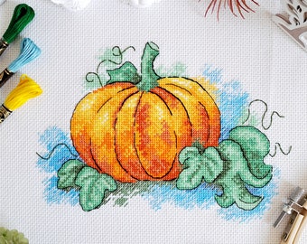 Pumpkin Cross Stitch Pattern - Halloween Fall Autumn Season Watercolor Style Chart - PDF Instant Download - Artmishka Cross Stitch
