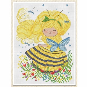 May include: A cross-stitch pattern featuring a girl with long blonde hair wearing a yellow and black striped dress with a blue butterfly on her shoulder. She is surrounded by colorful flowers.