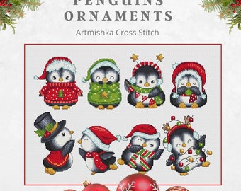 Patrón de punto de cruz de pingüinos - Conjunto de 8 adornos de punto de cruz de Navidad - Artmishka SAL - Muestra de punto de cruz - Gráfico PDF