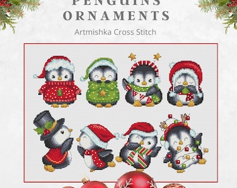 Patrón de punto de cruz de pingüinos - Conjunto de 8 adornos de punto de cruz de Navidad - Artmishka SAL - Muestra de punto de cruz - Gráfico PDF