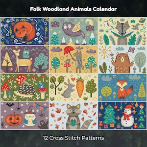 Może przedstawiać: Kalendarz Folk Woodland Animals z 12 wzorami haftu krzyżykowego. Wzory przedstawiają różne leśne stworzenia, w tym lisa, sowę, jelenia, niedźwiedzia, jeża, królika i szopa, w kolorowym stylu ludowym. Kalendarz zawiera obrazy dyni, drzew i bałwana.