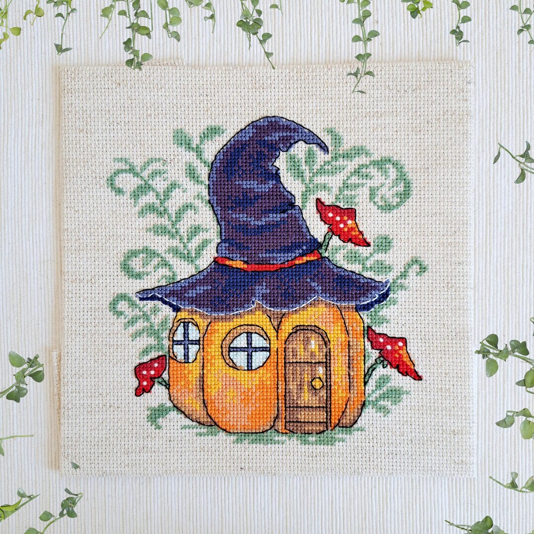Pumpkin Cottage Cross Stitch Pattern - Halloween Tale Scene - Witch Hat ...