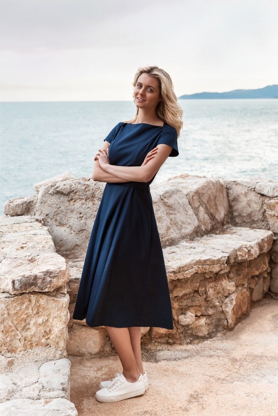 boat neck fit and flare dress