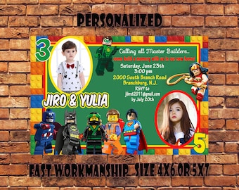 Lego Invitation,Lego Birthday Invitation,Lego Party,Lego Double/Twin/Sibling Invitation,Lego Printable,Digital Download.
