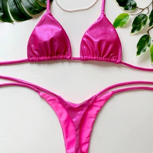 NEW THONG INES- Metallic pink style, triangle bikini, Brazilian bikini bottoms thong with adjustable side ties