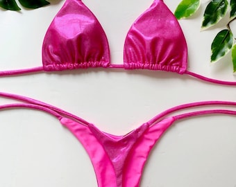 NEW THONG INES- Metallic pink style, triangle bikini, Brazilian bikini bottoms thong with adjustable side ties