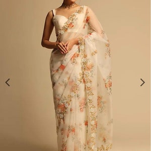 Cream Color Florel Digital Print Pyor Organza Silk Saree With Embroidery Border Work Party Wear Saree Exclusive Saree Designer Saree