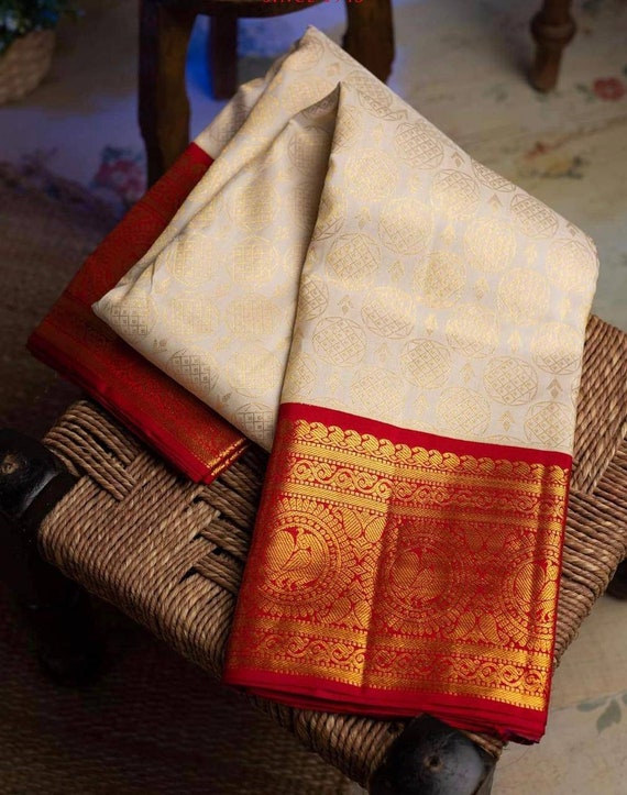 Kanchipuram Silk Saree in ivory white and Red | SILK MARK CERTIFIED |  Kanjeevaram Saree | Shobitam Saree | Red silk, Art silk sarees, Jamdani  saree