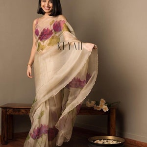 Cream Color Bollywood Style Designer Organza Silk Saree Party Wear Digital Printed Saree Exclusive Saree With blouse Casual wear Saree