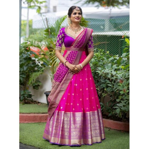 Pink-Beige Embroidered With Embellished Fancy Fabric Half & Half Saree