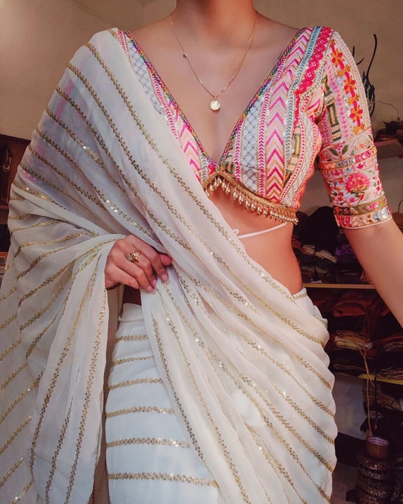 White Traditional Saree Beautiful Georgette With Designer