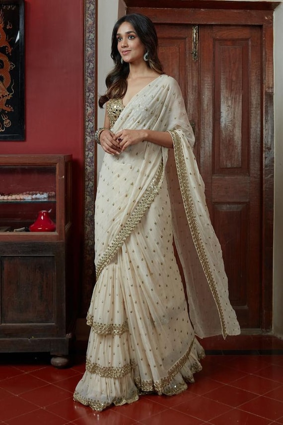 White Saree, Embroidery Work Ruffle Saree, Party Wear Bollywood Style  Wedding Wear Saree Bold N Beautiful Saree, Ready to Wear Ruffel Saree -   Canada