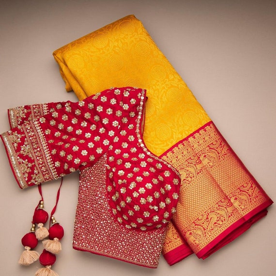 Yellow Colour Designer Banarasi Silk Saree With Exclusive - Etsy Singapore