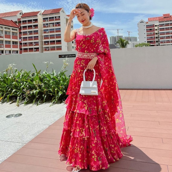 Red Floral Printed 3 Layer Frill Saree – Aneesh Agarwaal