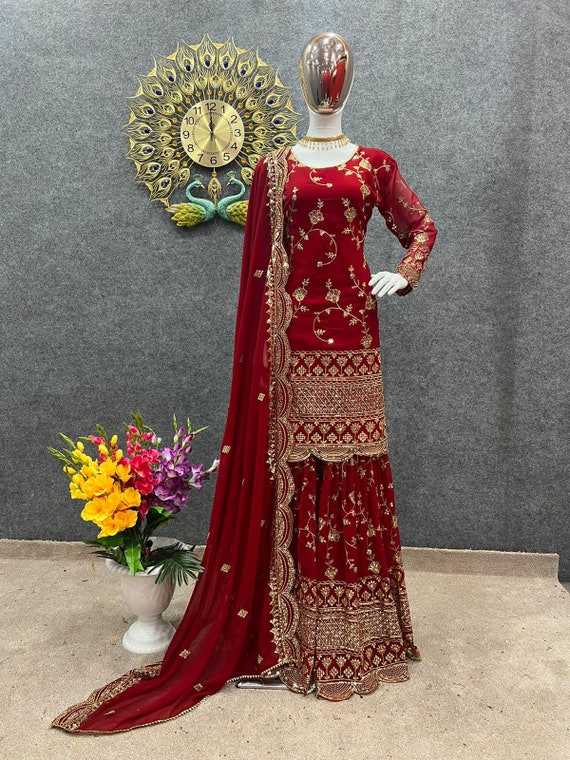 15722 ZIGZAG SEQUENCE PARTY STYLE RED COLOUR DESIGNER SHARARA SUIT - Reewaz  International | Wholesaler & Exporter of indian ethnic wear catalogs.