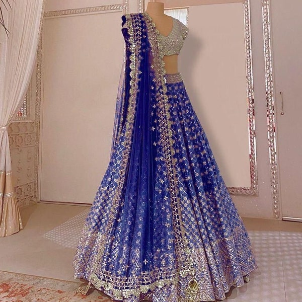 RoyalBlue Color Designer Sequence Lehenga Choli pour femmes, demoiselle d’honneur Lehenga, vêtements de mariée de mariage indiens Lengha, Bollywood Party Wear Lehenga