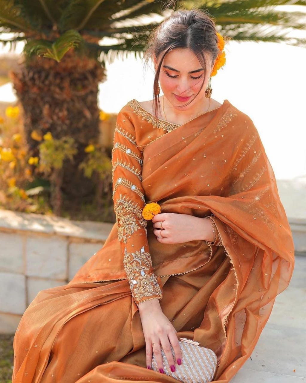 Fire Orange Lichi silk saree with heavy blouse