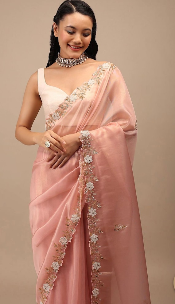 Dark Peach Embroidered Silk Blend Saree With Blouse - UNAVAILABLE - 3127883