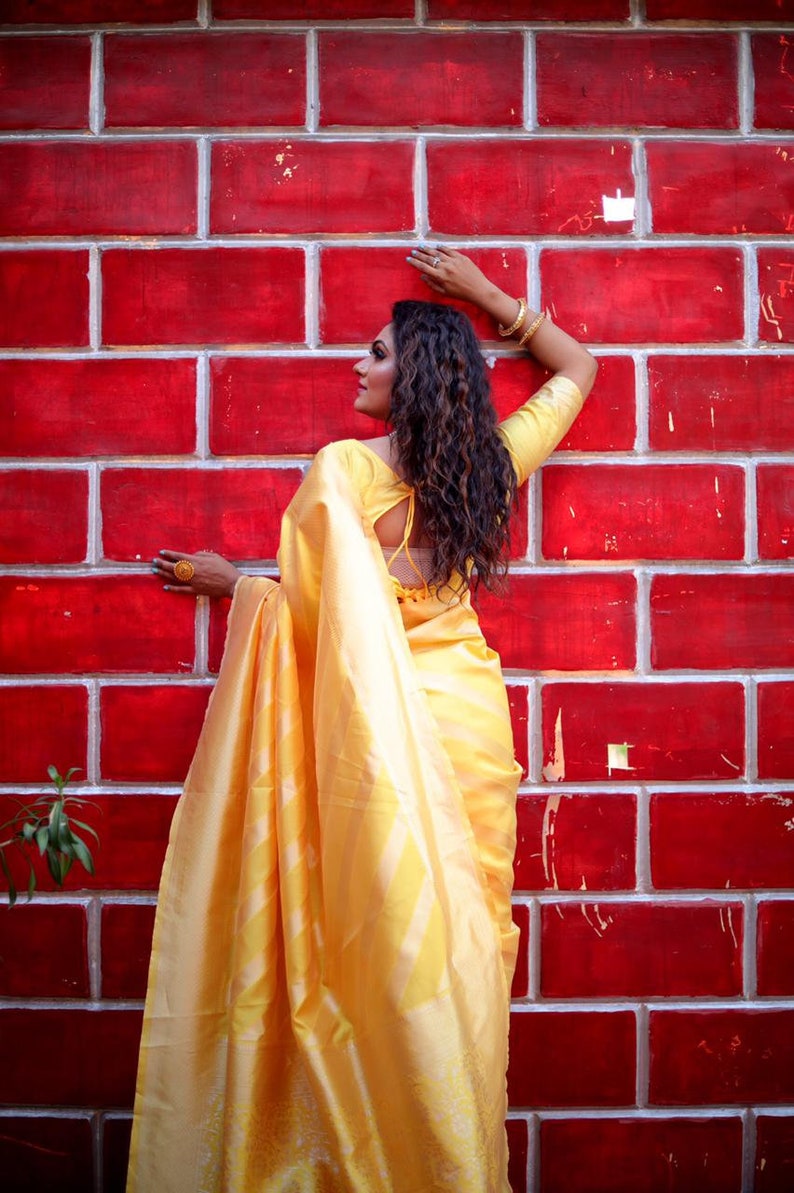 Yellow Colore Kanchipuram Silk Look Saree Indian Traditional Saree Bollywood Style Exclusive Party Wear Soft Lichi Silk Saree