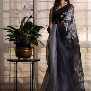 Organza Saree Black Colore Designer Organza Silk Saree Party Wear Digital Printed Organza Silk Saree Exclusive Saree With Digital Print1