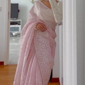 Baby Pink Crystal Organza Saree With All Over Floral Work, Embroidery Work Beautiful Saree, Hand Work Saree, Party Wear Saree, Saree Blouse