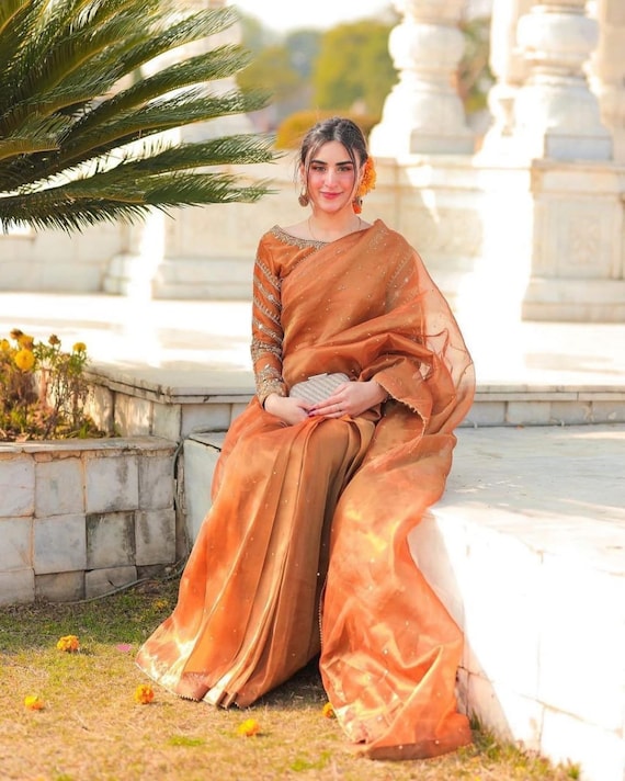 Ochre Orange Latest Exquisite Partywear Banarasi Silk Saree – Fashionfy