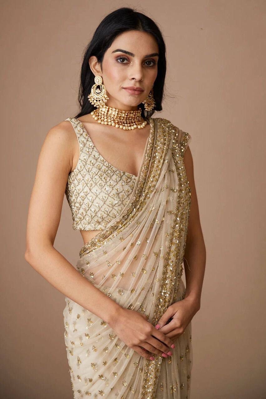 Net Saree with Floral Embroidery & Embellishments