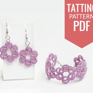 Needle tatting PDF pattern of lavander lace earrings and bracelet. Detailed diagram and written instructions