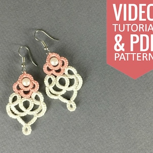 Needle tatting PDF pattern & video tutorial of two-colored earrings with pearl beads. Detailed diagram and written instructions