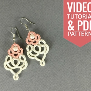 Needle Tatting PDF-Schnittmuster & Video-Tutorial für zweifarbige Ohrringe mit Perlmuttperlen. Detailliertes Schema und schriftliche Anleitung