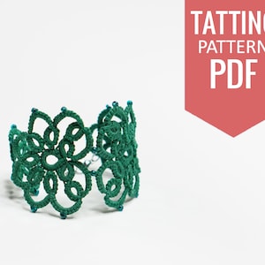 Needle tatting PDF pattern of green lace bracelet with crystal beads and seed beads. Detailed diagram and written instructions