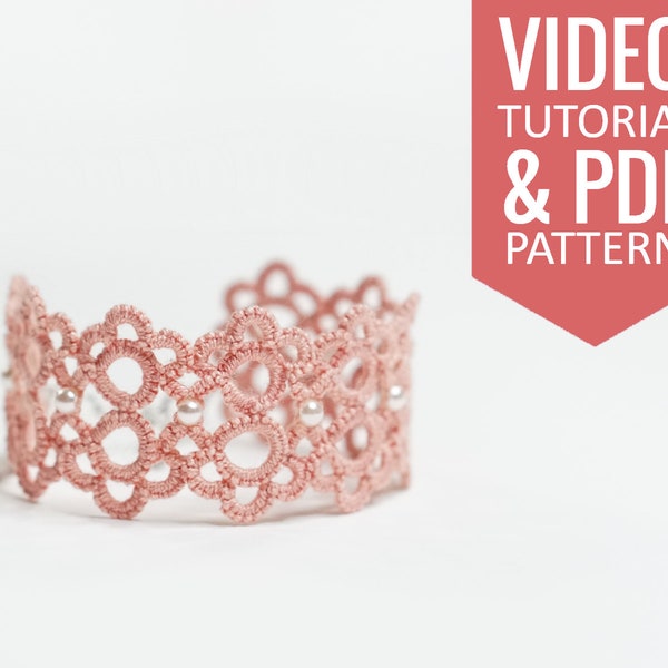 Needle tatting PDF pattern & video tutorial of lace bracelet with pearl beads. Detailed diagram, written instructions, and video