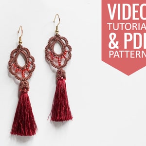 Needle tatting PDF pattern & video tutorial of tassel earrings with beads. Detailed diagram, written instructions, video tutorial