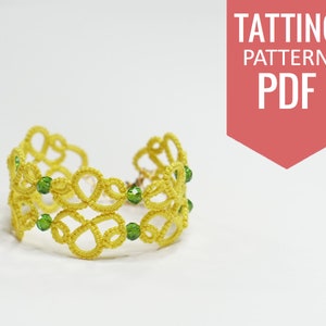 Needle tatting PDF pattern of yellow lace bracelet with crystal beads. Detailed diagram and written instructions