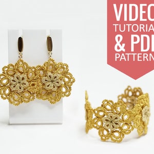 Needle tatting PDF pattern & video tutorial of lace earrings, bracelet. Detailed diagram, written instructions, step-by-step video