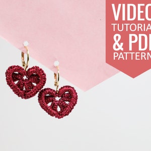 Needle tatting PDF pattern & video tutorial of heart earring. Step-by-step video, detailed diagram, PDF written instructions
