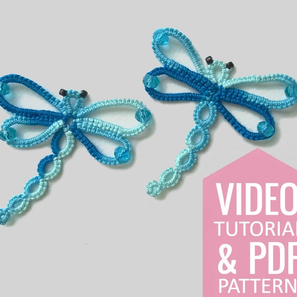 Needle tatting PDF pattern & video tutorial of a dragonfly with beads. Detailed diagram and written instructions. Tatted lace